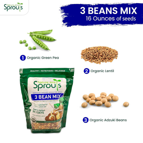 3-Bean 16 Oz Nature Jim's Sprouts Seed Mix - Organic Green Peas, Lentils & Adzuki Beans for Planting - Non-GMO