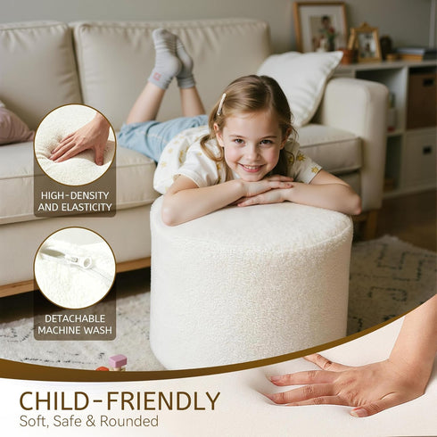 Round Boucle Pouf Ottoman Footrest Soft & Lightweight Footstool with Full Foam Filling for Living Room, Bedroom