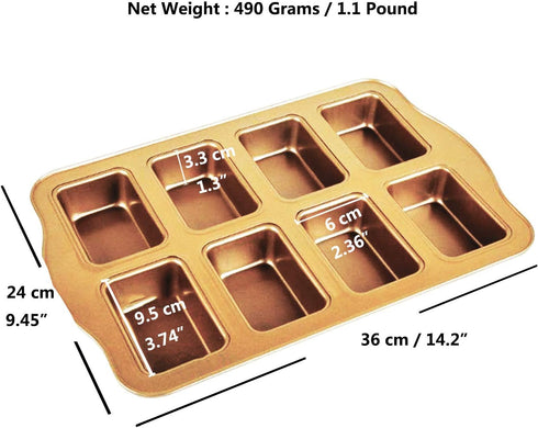 Non-Stick Mini Loaf Pan, 8-Cavity Carbon Steel Baking Tray, Golden