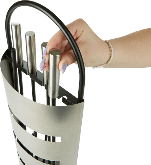 Mind Reader Fireplace Set with Stand - 4 Pcs, Durable Steel, Brush, Shovel Scoop, Poker, Tongs, Silver