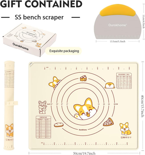 Ourokhome Silicone Baking Mat with Dough Cutter, 20'' X 16" Extra Thick Kneading Rolling mat with Measurement and Conversion Chart for Pastry, Pasta, Pizza, Fondant, Bread, Cookies (Beige) by Ourokhome