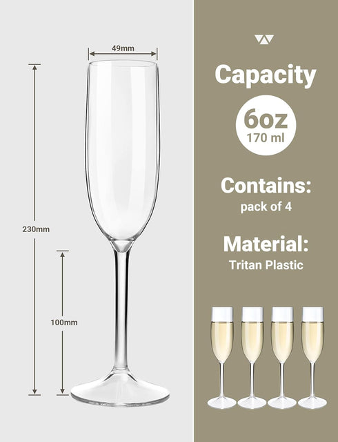 MICHLEY Tritan Champagne Flutes Glassware, Set of 4 Unbreakable Plastic Wine Glasses, 6 oz, Crystal Clear