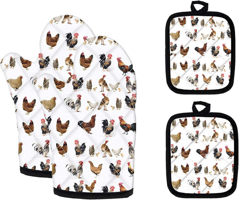 UNICEU White Chicken Pattern Fashion Heat Resistant Hot Oven Mitts & Pot Holders - Kitchen Gift Set with Non-Slip
