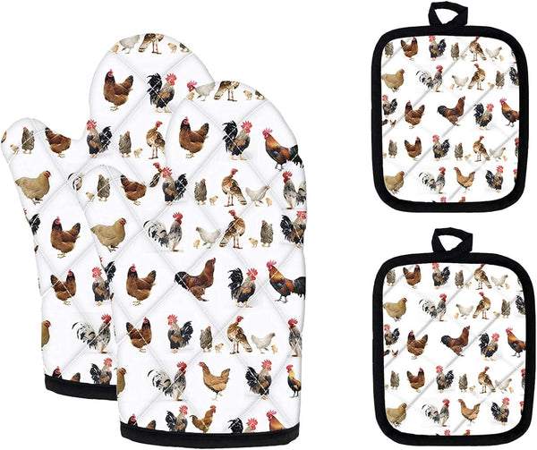UNICEU White Chicken Pattern Fashion Heat Resistant Hot Oven Mitts & Pot Holders - Kitchen Gift Set with Non-Slip