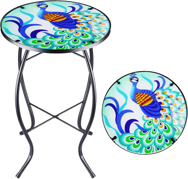 Arbuxzuy 12 Inch Small Outdoor Side Table with Colorful Peacock, Glass Mosaic