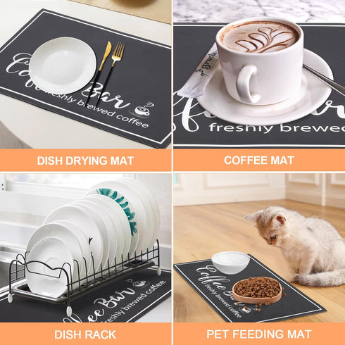 Coffee Bar Mat for Countertops, 16"x24" Absorbent Dish Drying Mat with Coffee Cup Pattern for Kitchen and Dining Room