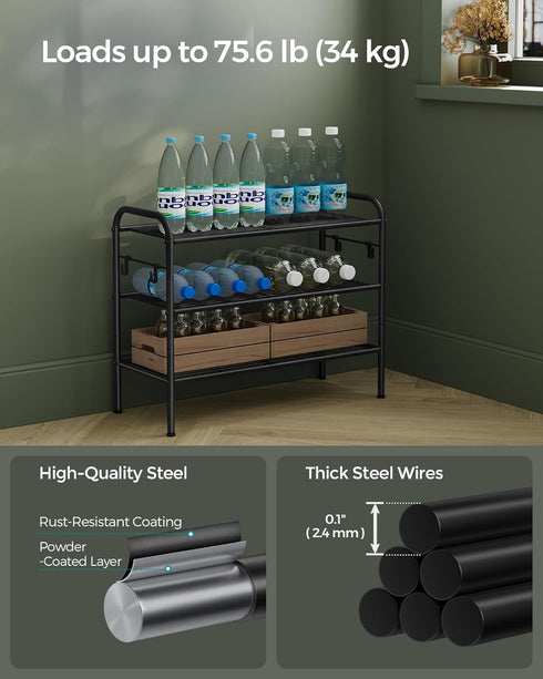 3-Tier 4 12 Closet, ULMR068B01 SONGMICS Shoe Rack, Shoe Organizer, Metal Shoe Shelf Storage with Side Hooks, Holds