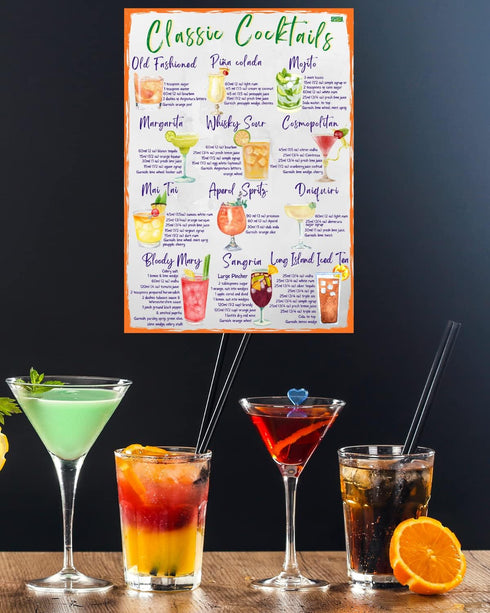 Classic Cocktails Recipes Magnetic Chart A4 Format - Kitchen Pub Wall and Fridge Decor