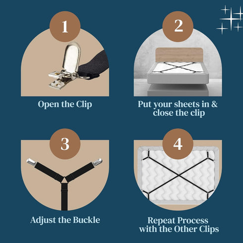FeelAtHome Bed Sheet Holder Straps - Criss-Cross Suspenders Keep Fitted/Flat Sheets in Place for Twin Queen King