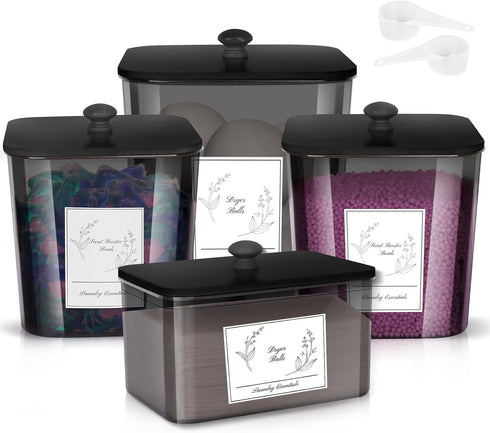 Zingbee 4 Pack Laundry Detergent Containers & Dryer Sheet Holder with Black