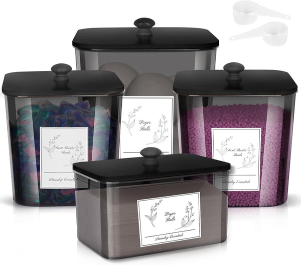 Zingbee 4 Pack Laundry Detergent Containers & Dryer Sheet Holder with Black
