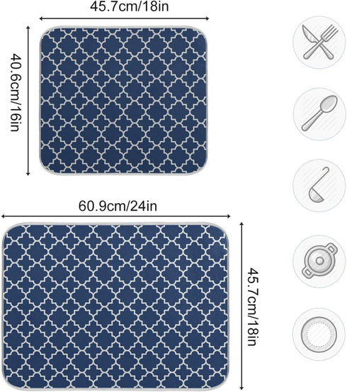 Super Absorbent Dish Drying Mat, Microfiber Fast-Drying Dish Mat 16" x 18", Cute Navy Blue Moroccan