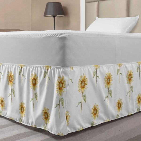 Lunarable Sunflower Bedskirt, Hand Drawn Floral Watercolor Pattern, Elastic Gathered Design, Full, Green Ginger