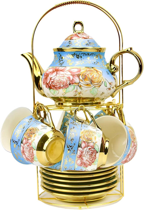 TATSUMI 20 Set set Set,Tea Set Pieces Porcelain Tea With Metal Holder, European Ceramic tea for adults,Flower Tea