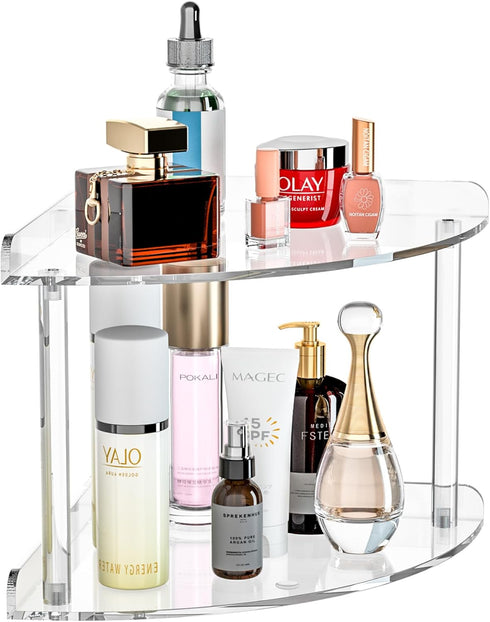 Sezanrpt 2 Tier Acrylic Corner Shelf Organizer Storage 9.5x9.5x8 Inch, Transparent Countertop