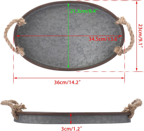 Hipiwe Galvanized Metal Iron Oval Tray with Rope Handle Farmhouse Serving Tray Rustic Industrial Decorative Centerpiece