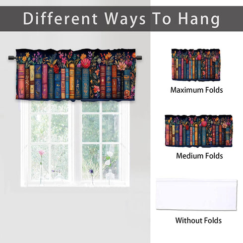 CAIJXIONG Set 2 54x18 inch Bookshelf Kitchen Curtains of Educational Bookcase Watercolor Flowers Rod Pocket Decorative