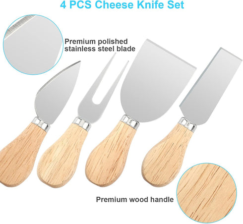 4 PCS Cheese Knife Set with Wood Handle, Stainless Steel Slicer & Cutter Utensils, Mini Knife, Butter Knife, Fork