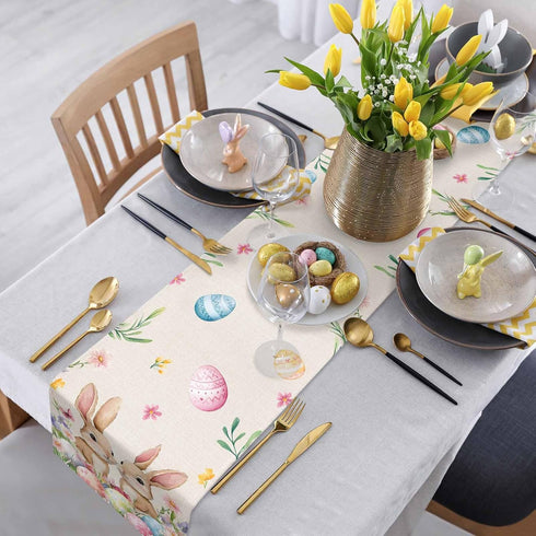 HELLOWINK 72 Inches 13" Easter Bunny Egg Floral Table Runners Long Cotton Linens Party Coffee Table Runner Cloth