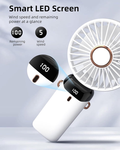 Koonie Portable Handheld Fan, Battery Operated Fan with Base, 8 Hours, Digital Display, 5 Speeds, 90° Adjustable, White