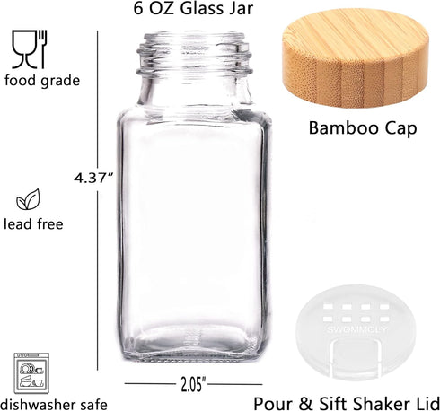 SWOMMOLY 24 366 6 oz Glass Spice Jars with Labels, Spice Jars with Bamboo Lids, Empty Bottles with Shaker Lids, Spice