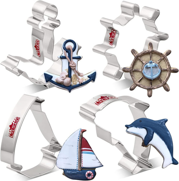 LILIAO Nautical Cookie Cutter Set - 4 Piece - Anchor, Sailboat, Rudder and Dolphin Biscuit Fondant Cutters