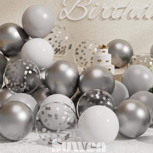 SUWEN 60PCS Metallic Silver Confetti Balloons Set, Latex Helium Chrome Silver Balloons for Party Decorations