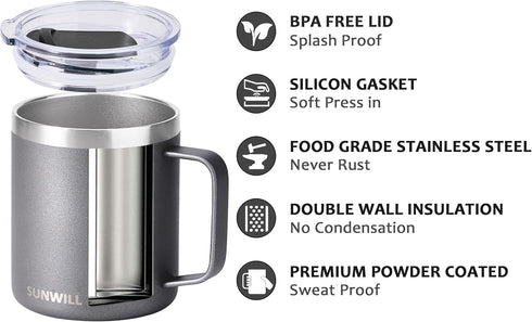 SUNWILL Travel Coffee Mug with Lid, Insulated Tumbler, 14 oz Stainless Steel Cup for Ice, Water, Tea