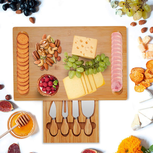 Bamboo Cheese Board and Knife Set, Wood Charcuterie Platter with Slid-Out Drawer for Wine, Meat & Crackers
