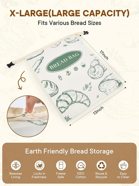 2 Pack 1713 Inch Zippered Beeswax Bread Bags Large Cotton Sourdough Bread Bags Reusable Bread Storage Bags for Homemade