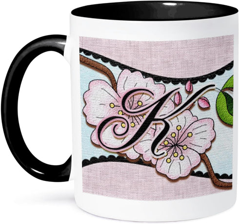 3dRose Cherry Blossom Flower Monogram Initial K Two Tone Mug, 11 oz - Black/White