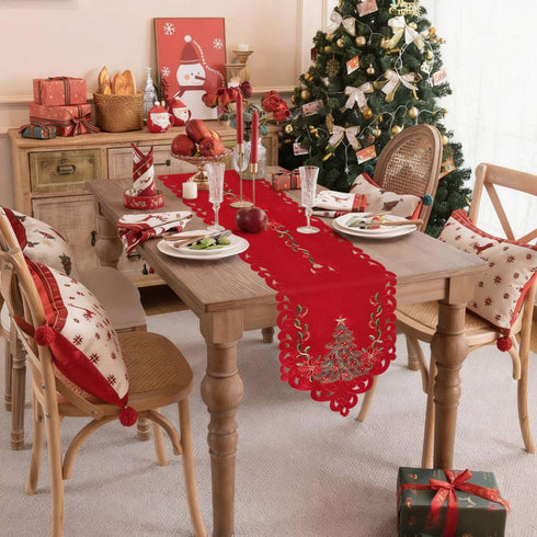 Jovialix 72 Inches Poinsettia,Holiday Red Christmas Table Runner Long with Embroidered Tree and Cutwork Linen