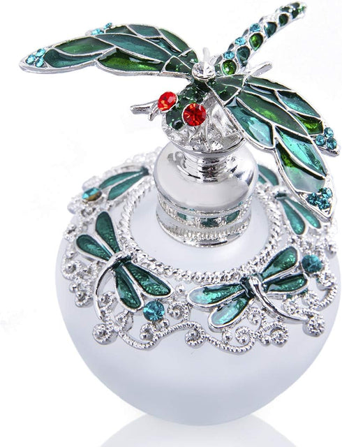 YU FENG 40ml Fancy Empty Crystal Perfume Bottle, Green Dragonfly Stopper, Refillable Glass Container