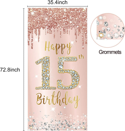 Happy 15th Birthday Door Banner Decorations, Pink Rose Gold 15 Birthday Party Backdrop Sign Supplies