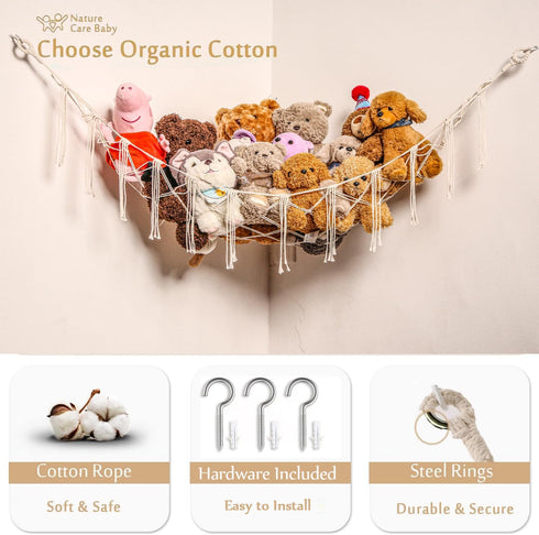 YKBU Hammock Stuffed Animals Corner Hanging Net Macrame Stuffed Animal Storage Plush Toy Holder Toy Organizer for Boho