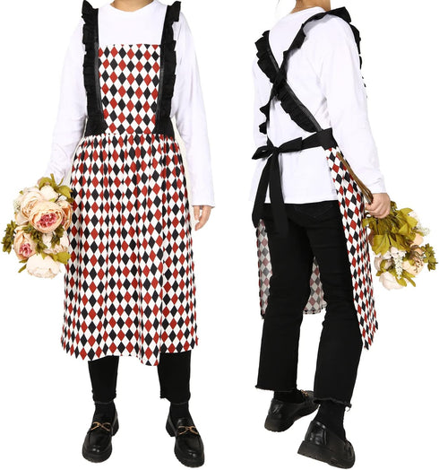 Violet Mist Cotton Linen Apron, Women Cross Back Apron with Pockets, Vintage Black and Red Argyle Pinafore Dress