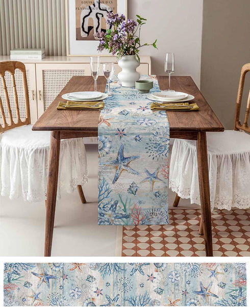 Lsrtoss 90 Inches Summer 13" 90" Coastal Starfish Table Runner Long Farmhouse Dress Scarves, Nautical Beach Coral