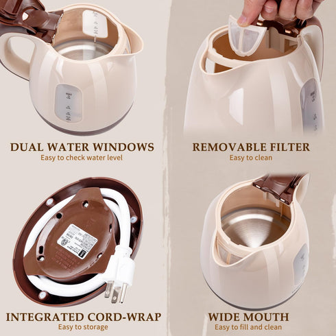 Aigostar Small Electric Kettle, 1L Portable Tea Kettle, 1100W with Automatic Shut-Off, BPA-Free (Brown)
