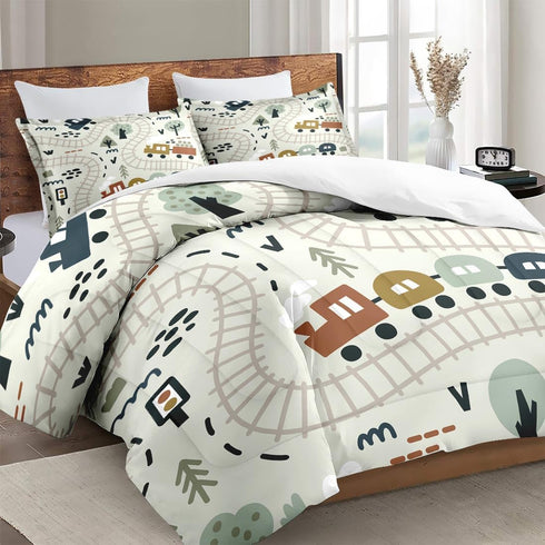 Set 2 Cozy Set Comforter with Pillowcases Queen Size, Cartoon Car Train Road Map, Bed Decor Cute Forest Traffic Baby