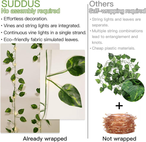 33ft100 suddus Vine with Fairy Lights Battery Operated, LED Pothos String Lights with Remote, Leaf Lights for Bedroom