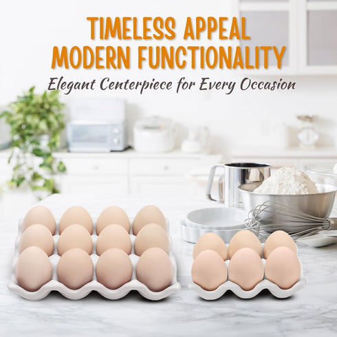 Flexzion 12 + 6 Cups Ceramic Egg Holder - 18 Porcelain Egg Tray Container for Refrigerator Countertop Display