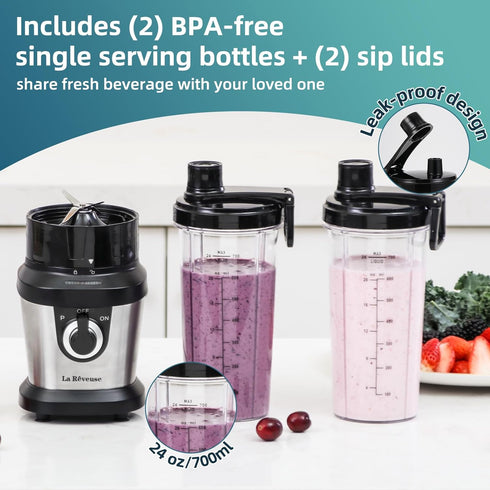 La Reveuse Electric Blender for Shakes and Smoothies, 400W with 2 x 24 Oz Blending Cups and To Go Lids, BPA-free