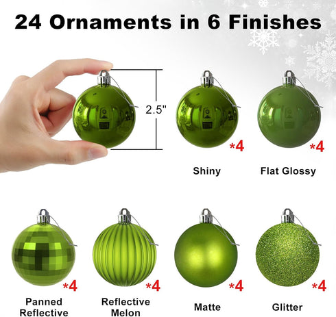 Lime Green 2.5" Christmas Balls, Shatterproof Hanging Ornaments for Tree Decoration, Set of 24pcs