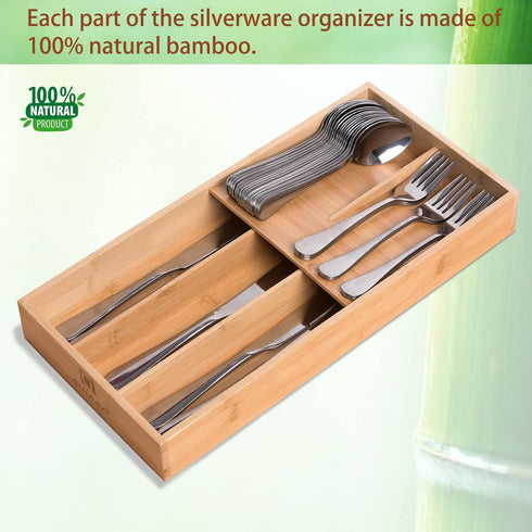 Bamboo Silverware Organizer, Kitchen Drawer Utensil Tray Holder for Spoons, Forks, and Knives