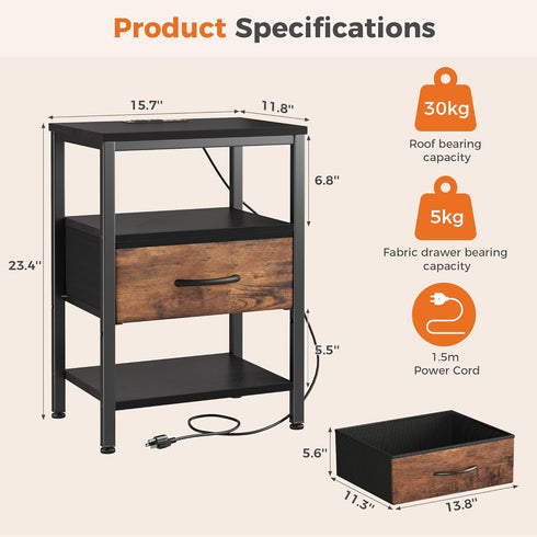 3-Tier DUMOS Bedside Table with Charging Station and Adjustable Fabric Drawer Compact Nightstand Storage Organizer End