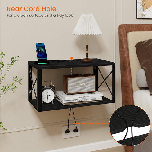 2 Homode Floating Nightstand, Tier Wall Mounted Nightstand with Cable Hole, Wooden Floating Bedside Table, Bedside Wall