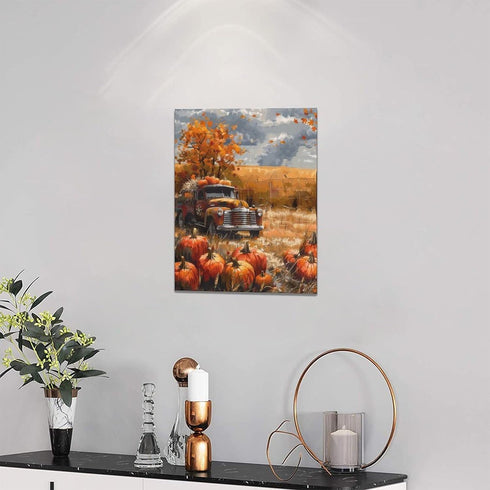 Fall Decor Wall Art, Farmhouse Autumn Pumpkins Canvas Painting Print for Home Decorations (12"x16")