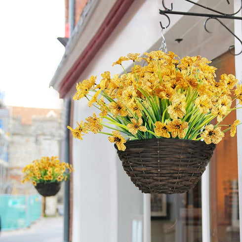 12 Bundles Artificial Flowers, UV Resistant Faux Plastic Plants for Garden Porch Window Box Decorating (Yellow)