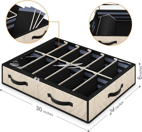 Under Bed Shoe Storage, Set of 2 | Sturdy Sidewalls, Adjustable Dividers, Reinforced Handle, Beige