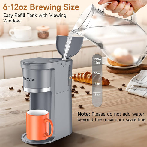 6 12 oz. Horavie Small Single Serve Coffee Maker, Fast Brew One Cup Coffee Machine for K Cup and Grounds, to Brew